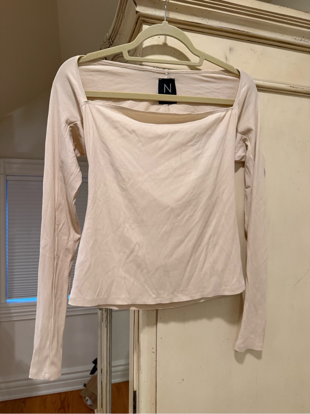 naked wardrobe Cream Off-Shoulder Ribbed Long-Sleeve Top